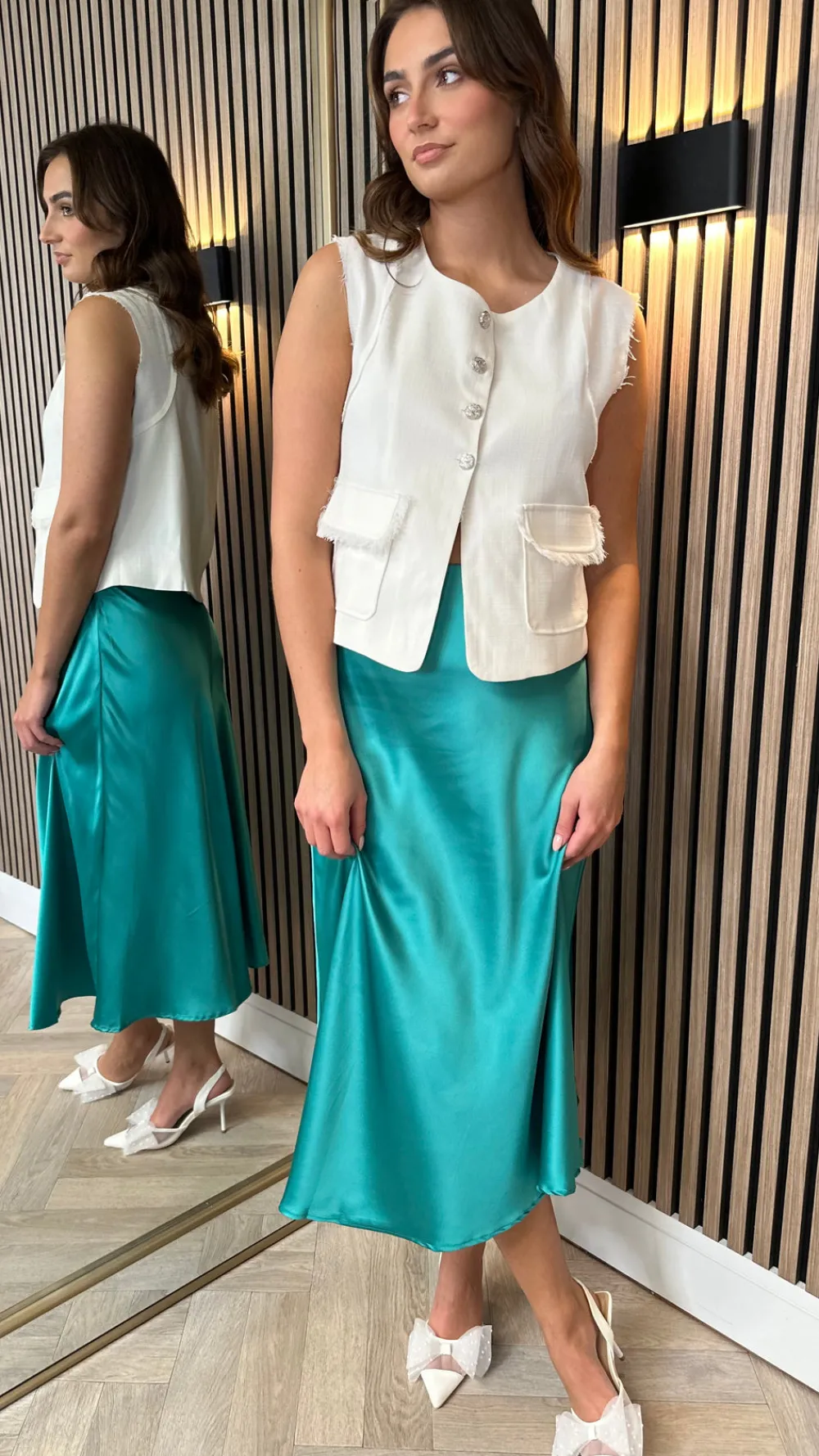 fiadh_green_satin_finish__1.webp ROSA FASHION Skirts & Shorts^Fiadh Green Satin Finish Midi Skirt