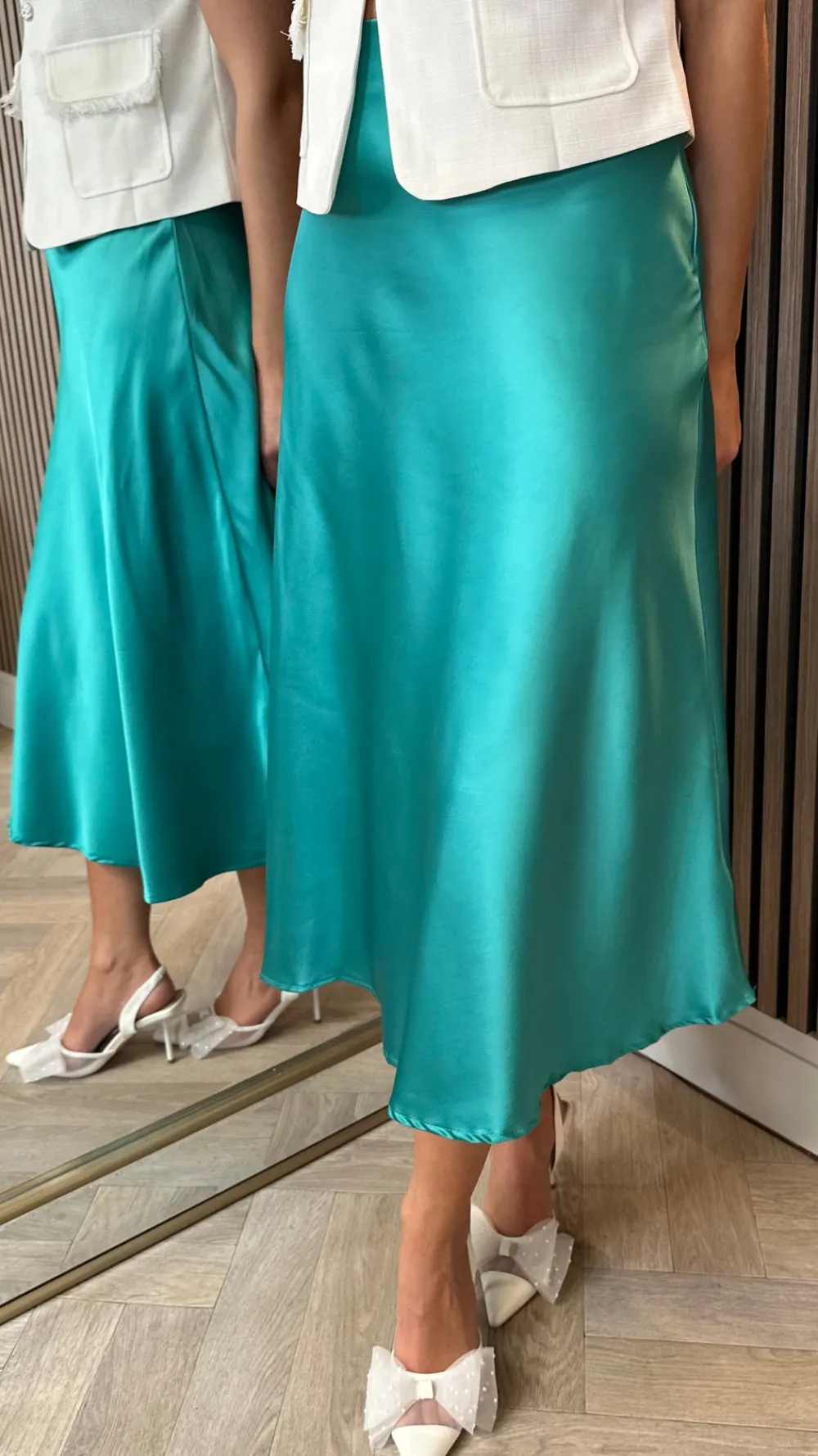 fiadh_green_satin_finish__3.webp ROSA FASHION Skirts & Shorts^Fiadh Green Satin Finish Midi Skirt