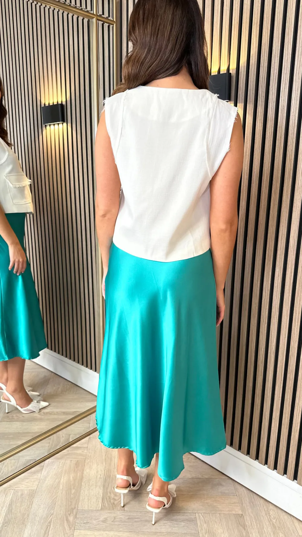 fiadh_green_satin_finish__4.webp ROSA FASHION Skirts & Shorts^Fiadh Green Satin Finish Midi Skirt