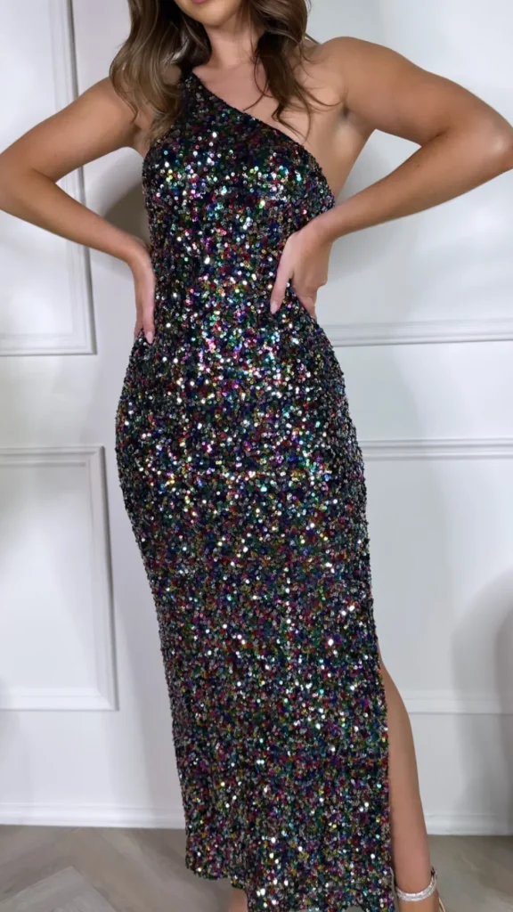 VERA LUCY Fitted Dresses | Occasion Dresses^Figaro Black Multi Colour Sequin One Shoulder Maxi Dress
