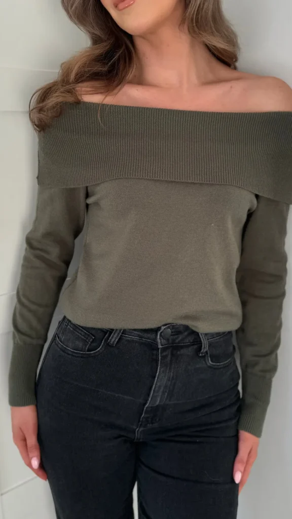 SEVEN SEPT Knitwear^Gabi Khaki Wide Neck Knit Jumper