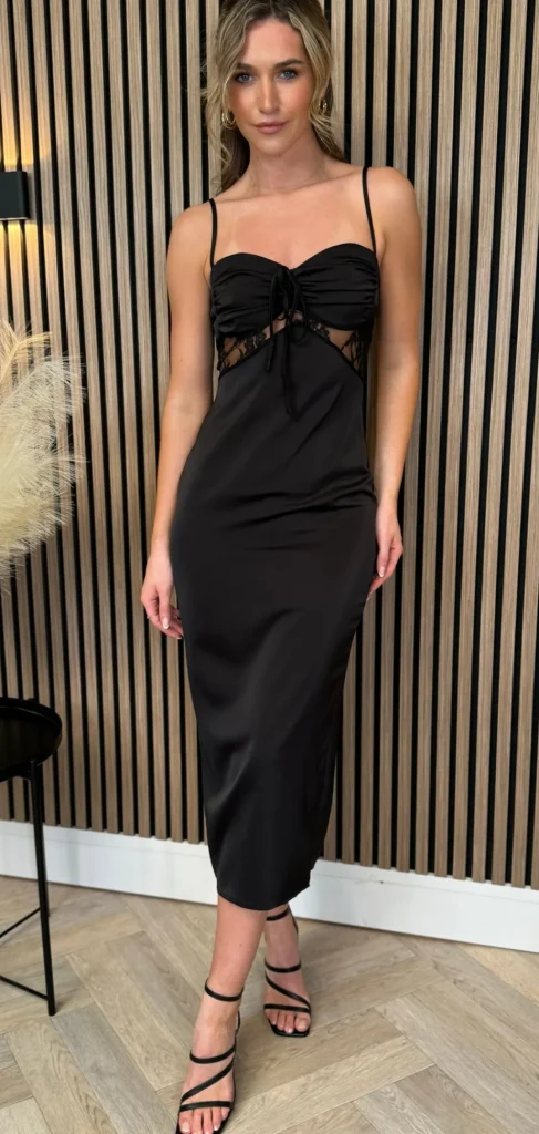 LUCCE Going Out Dresses | Occasion Dresses^Genevieve Black Satin Lace Detail Midi Dress