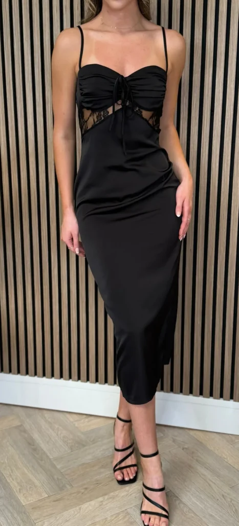 LUCCE Going Out Dresses | Occasion Dresses^Genevieve Black Satin Lace Detail Midi Dress