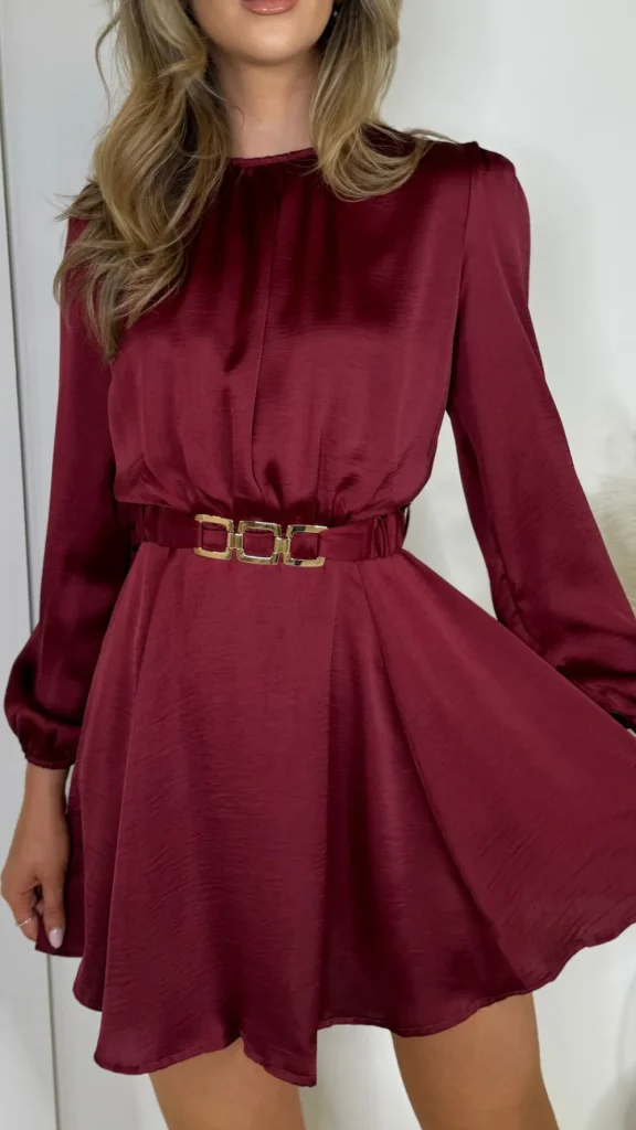 AX PARIS Going Out Dresses | Occasion Dresses^Gia Wine Long Sleeve Belted Skater Mini Dress