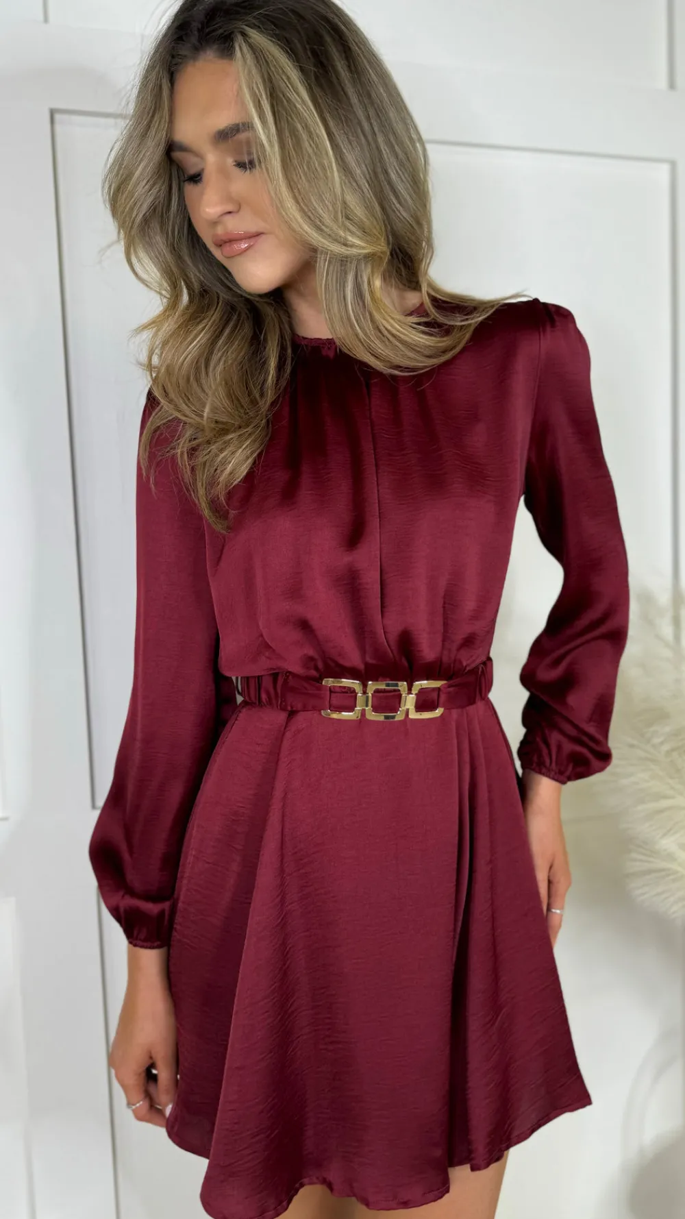 gia_wine_long_sleeve_belt_3.webp AX PARIS Going Out Dresses | Occasion Dresses^Gia Wine Long Sleeve Belted Skater Mini Dress