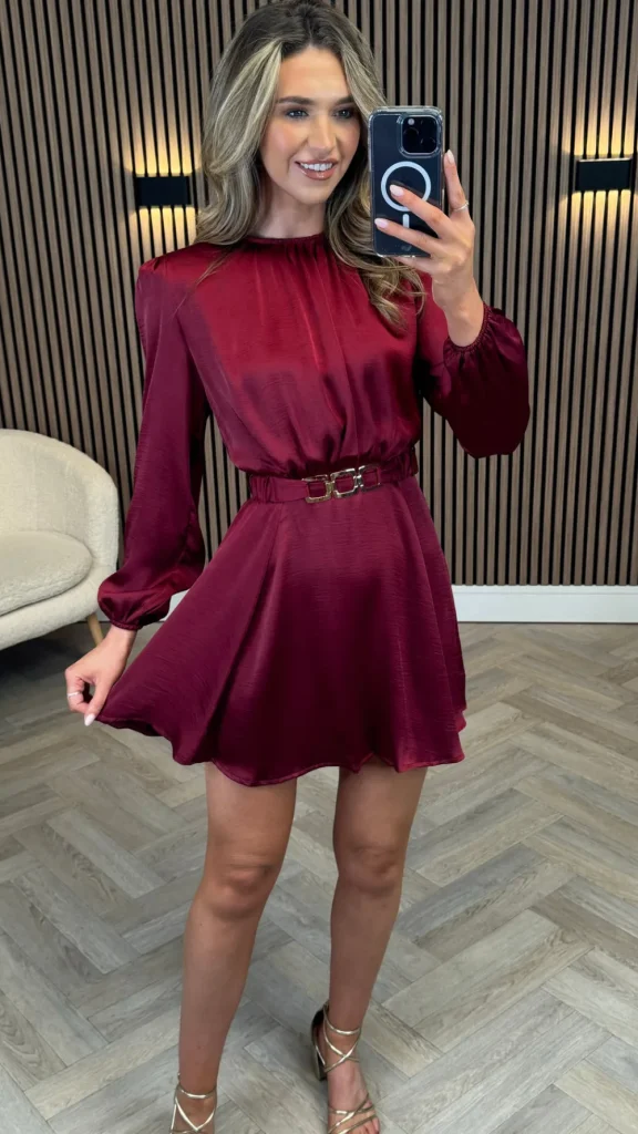 AX PARIS Going Out Dresses | Occasion Dresses^Gia Wine Long Sleeve Belted Skater Mini Dress