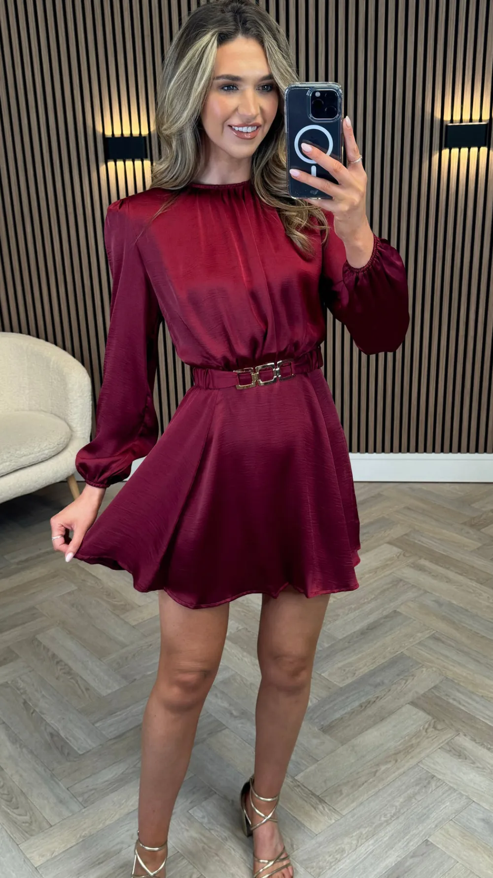 gia_wine_long_sleeve_belt_6.webp AX PARIS Going Out Dresses | Occasion Dresses^Gia Wine Long Sleeve Belted Skater Mini Dress