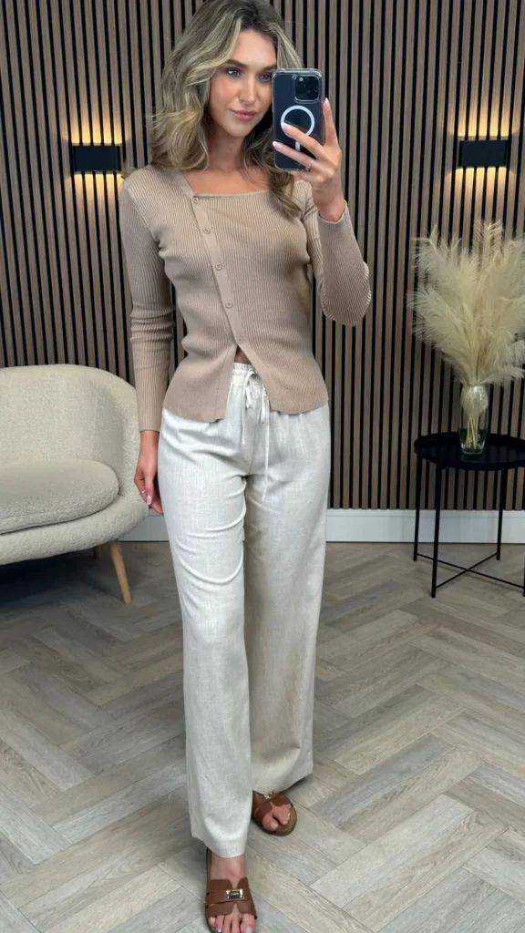 LUCCE Trousers^Gianna Beige Linen Effect Wide Leg Trousers