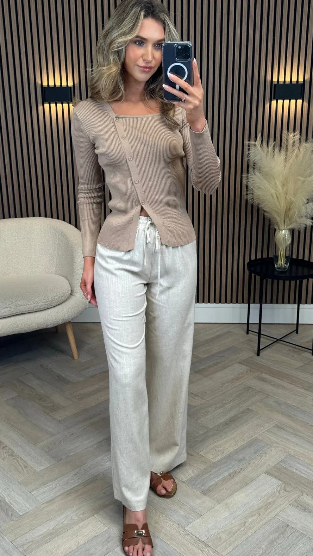 gianna_beige_linen_effect_0.webp LUCCE Trousers^Gianna Beige Linen Effect Wide Leg Trousers