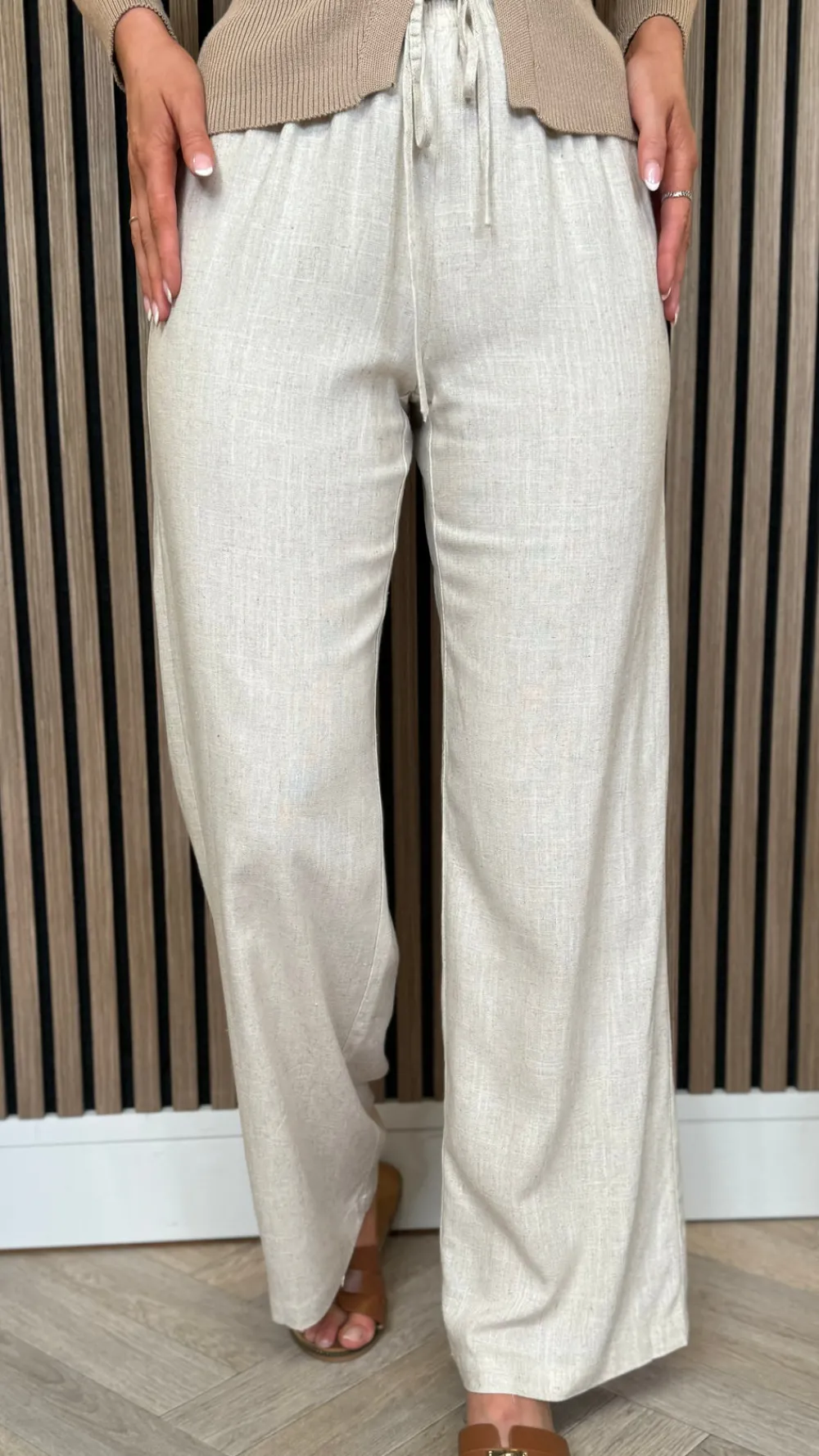 gianna_beige_linen_effect_1.webp LUCCE Trousers^Gianna Beige Linen Effect Wide Leg Trousers