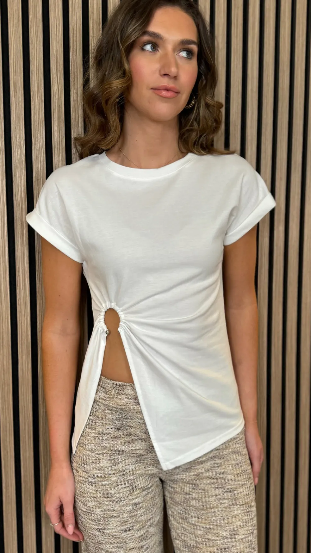 hallie_white_cut_out_ruch_0.webp PARIS FASHION SHOPS Tops^Hallie White Cut Out Ruched Detail T Shirt