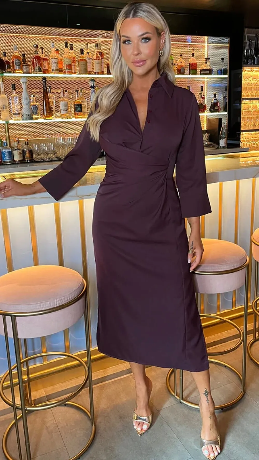 harlyn_burgundy__sleeve_g_2.webp AX PARIS Going Out Dresses | Occasion Dresses^Harlyn Burgundy 3/4 Sleeve Gathered Waist Shirt Midi Dress