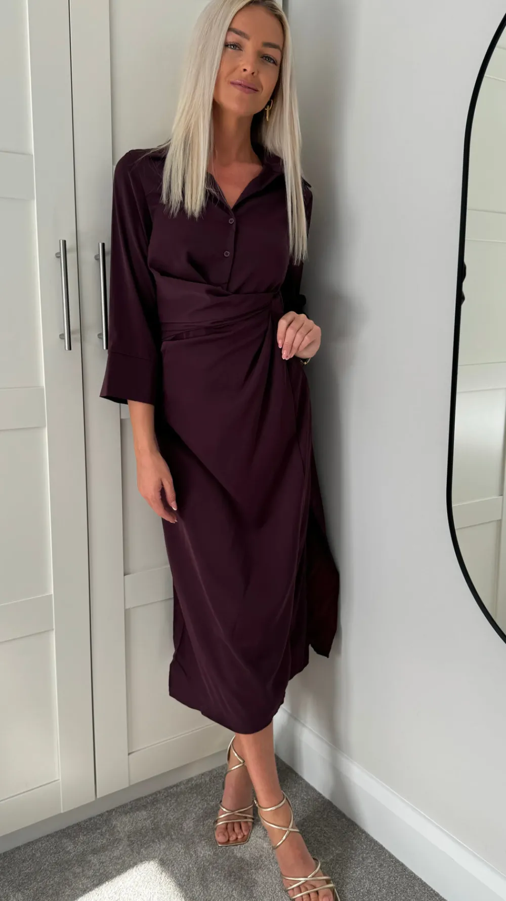 harlyn_burgundy__sleeve_g_8.webp AX PARIS Going Out Dresses | Occasion Dresses^Harlyn Burgundy 3/4 Sleeve Gathered Waist Shirt Midi Dress
