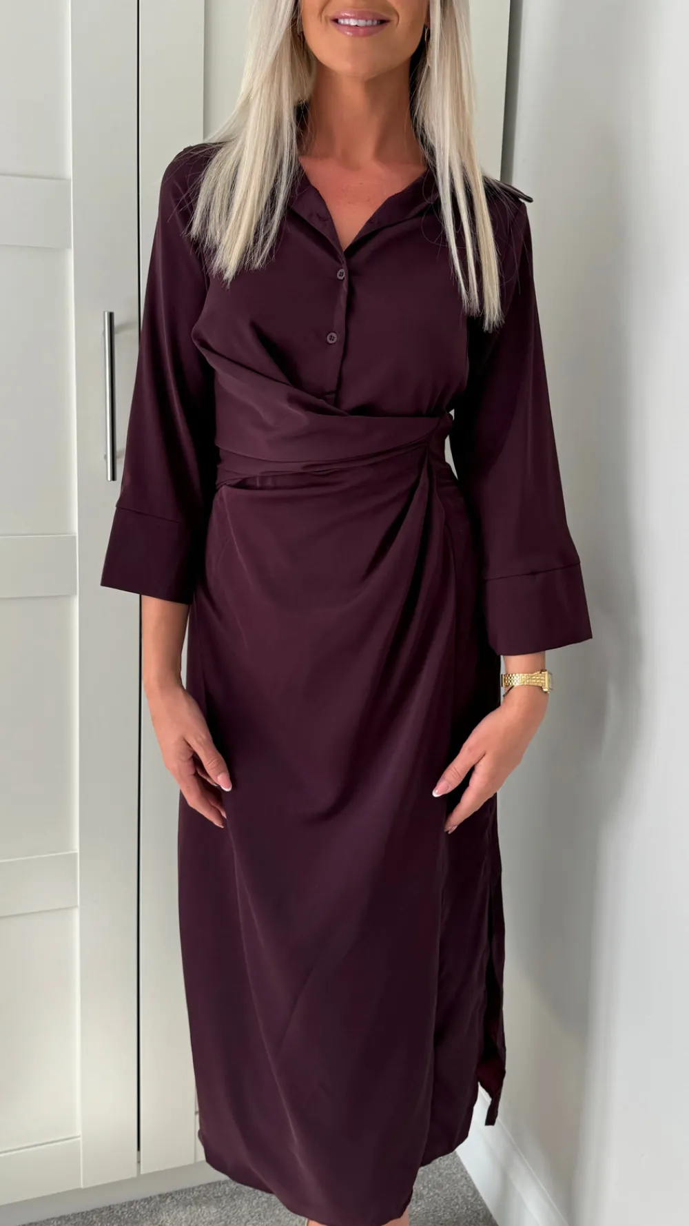 harlyn_burgundy__sleeve_g_9.webp AX PARIS Going Out Dresses | Occasion Dresses^Harlyn Burgundy 3/4 Sleeve Gathered Waist Shirt Midi Dress