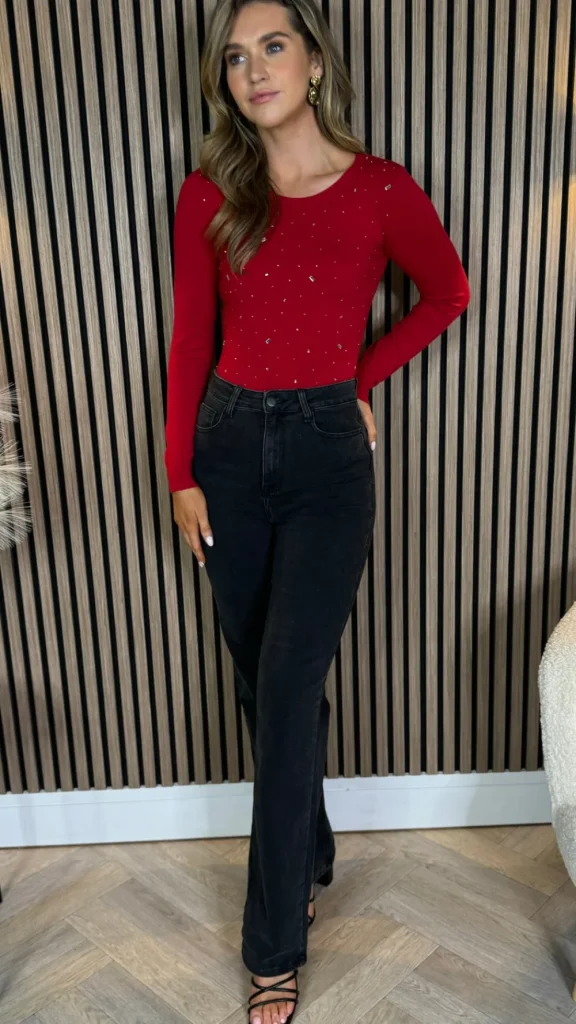 PARIS FASHION SHOPS Tops | Knitwear^Harmony Red Embellished Detail Fine Knit Bodysuit