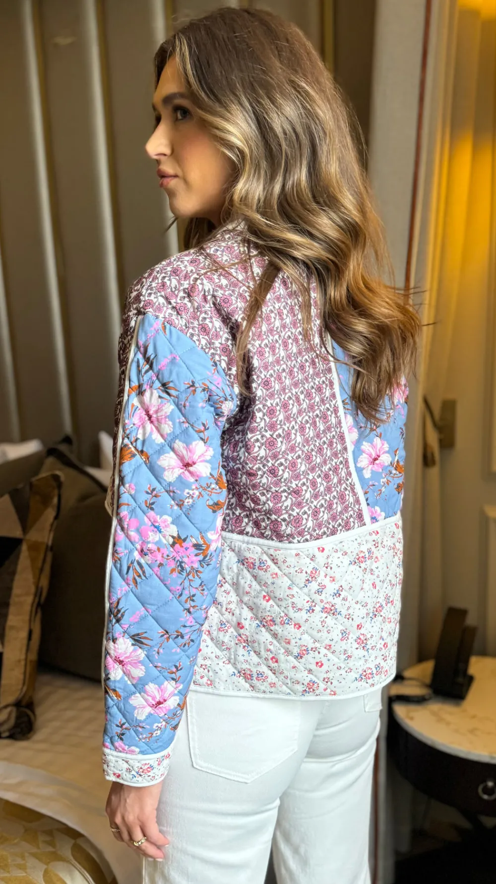 harriet_pink_floral_patch_4.webp BESTSELLER Coats & Jackets^Harriet Pink Floral Patchwork Quilted Jacket