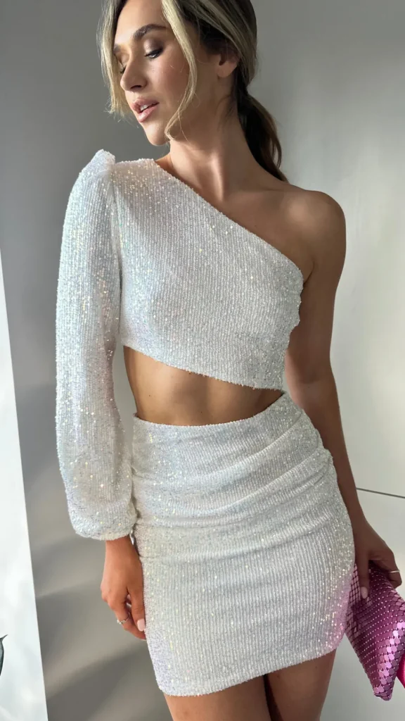 COPPEROSE Fitted Dresses | Going Out Dresses^Harriet White Sequin One Sleeve Cut Out Mini Dress