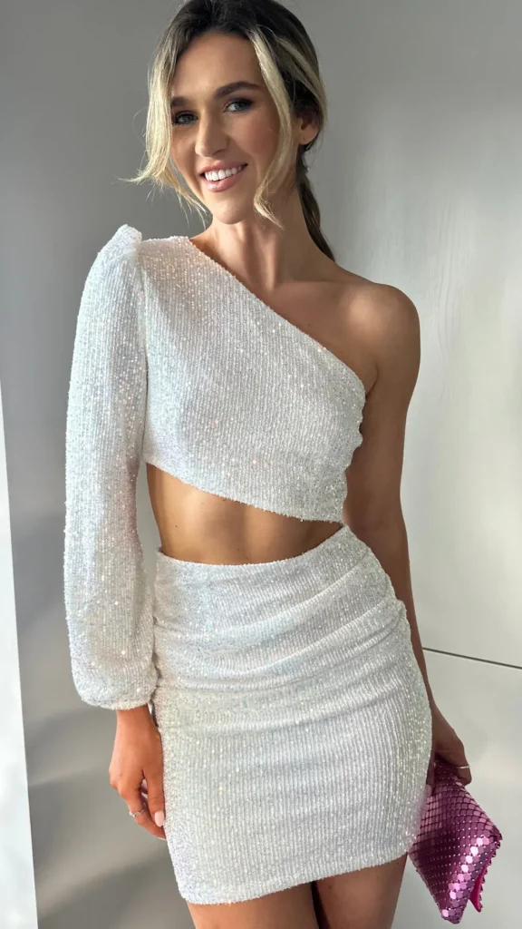 COPPEROSE Fitted Dresses | Going Out Dresses^Harriet White Sequin One Sleeve Cut Out Mini Dress