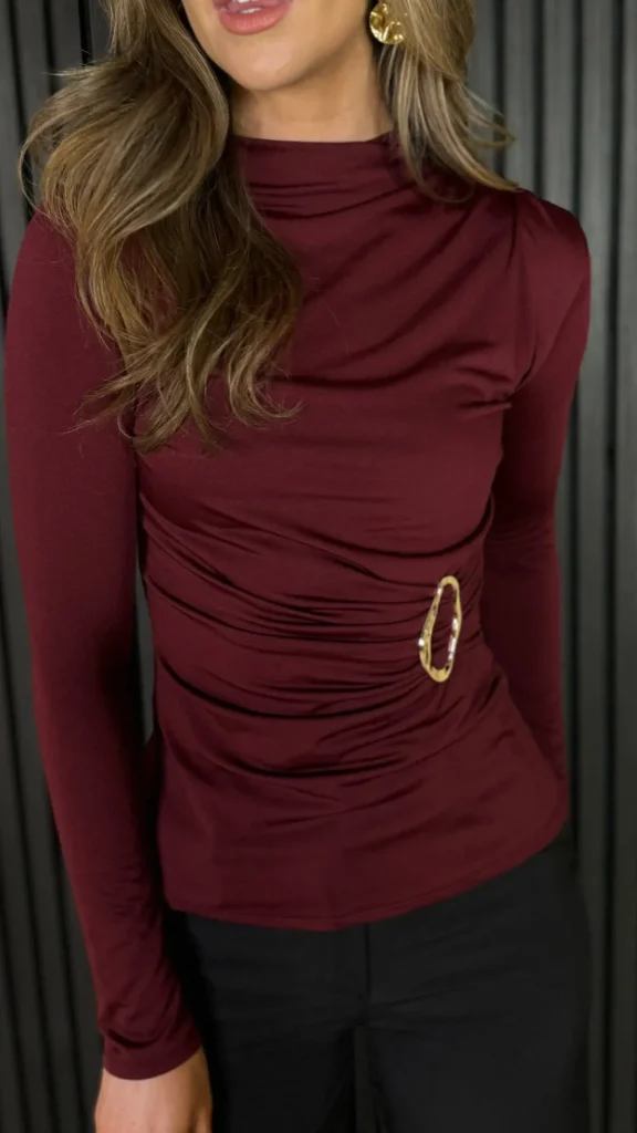 LORIANE Tops^Hattie Burgundy High Neck Ruched Buckle Detail Top