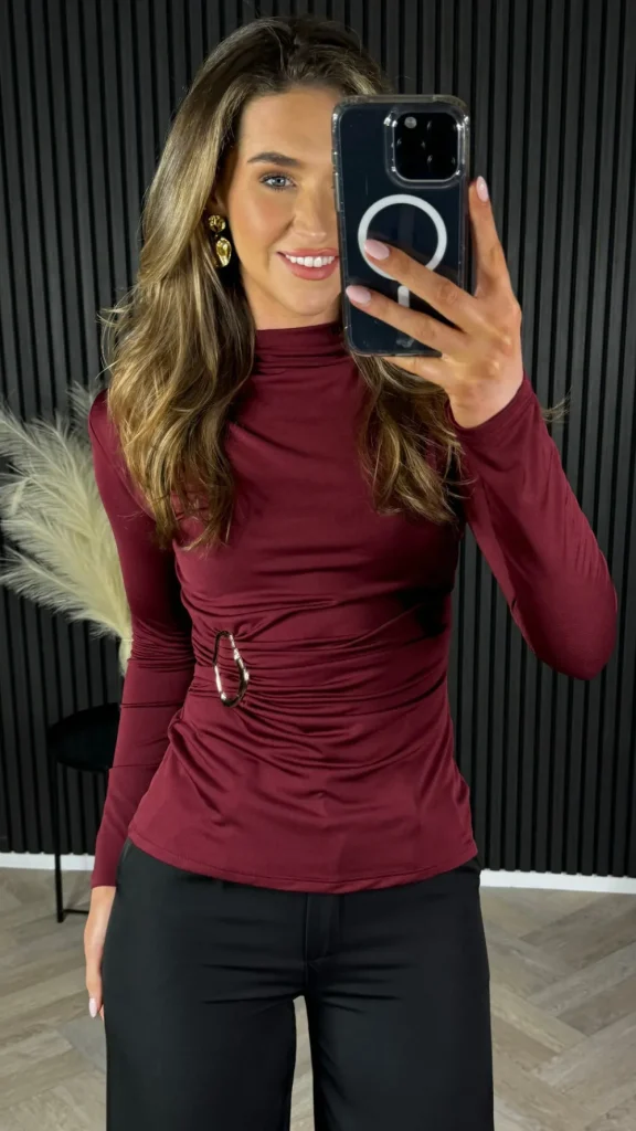 LORIANE Tops^Hattie Burgundy High Neck Ruched Buckle Detail Top