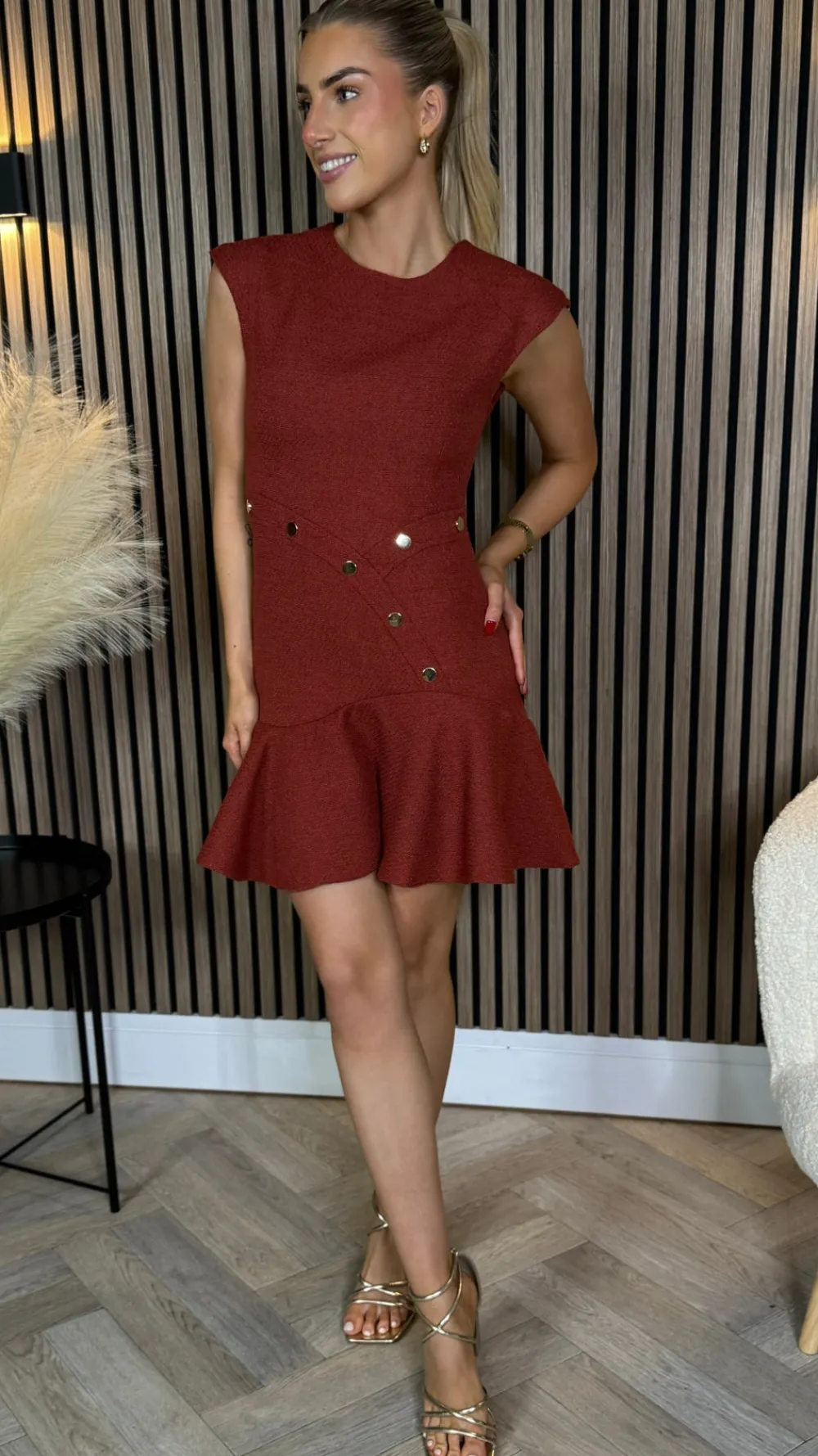 helene_rust_frill_hem_min_1.webp HF Fitted Dresses | Day Dresses^Helene Rust Frill Hem Mini Dress