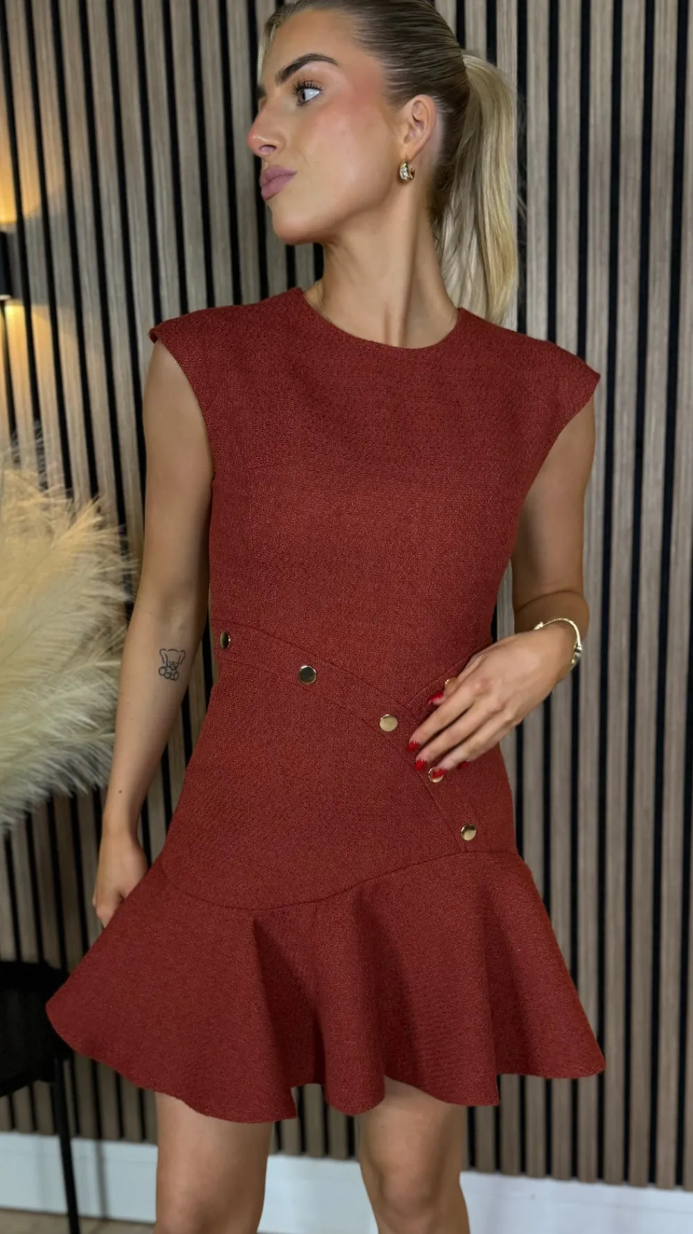 helene_rust_frill_hem_min_2.webp HF Fitted Dresses | Day Dresses^Helene Rust Frill Hem Mini Dress