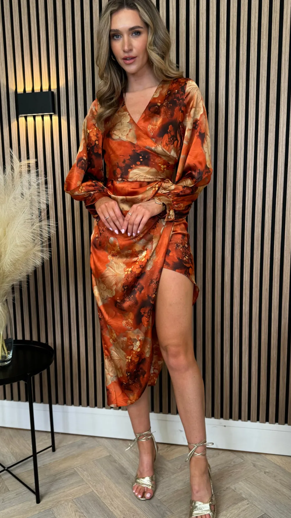 hermione_orange_multi_lon_0.webp GIRL IN MIND Going Out Dresses | Occasion Dresses^Hermione Orange Multi Long Sleeve Wrap Asymmetric Dress