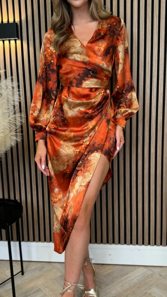 GIRL IN MIND Going Out Dresses | Occasion Dresses^Hermione Orange Multi Long Sleeve Wrap Asymmetric Dress