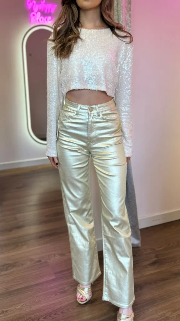 REDIAL Trousers^Huxley Gold Coated Straight Leg Trousers