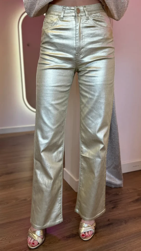 REDIAL Trousers^Huxley Gold Coated Straight Leg Trousers