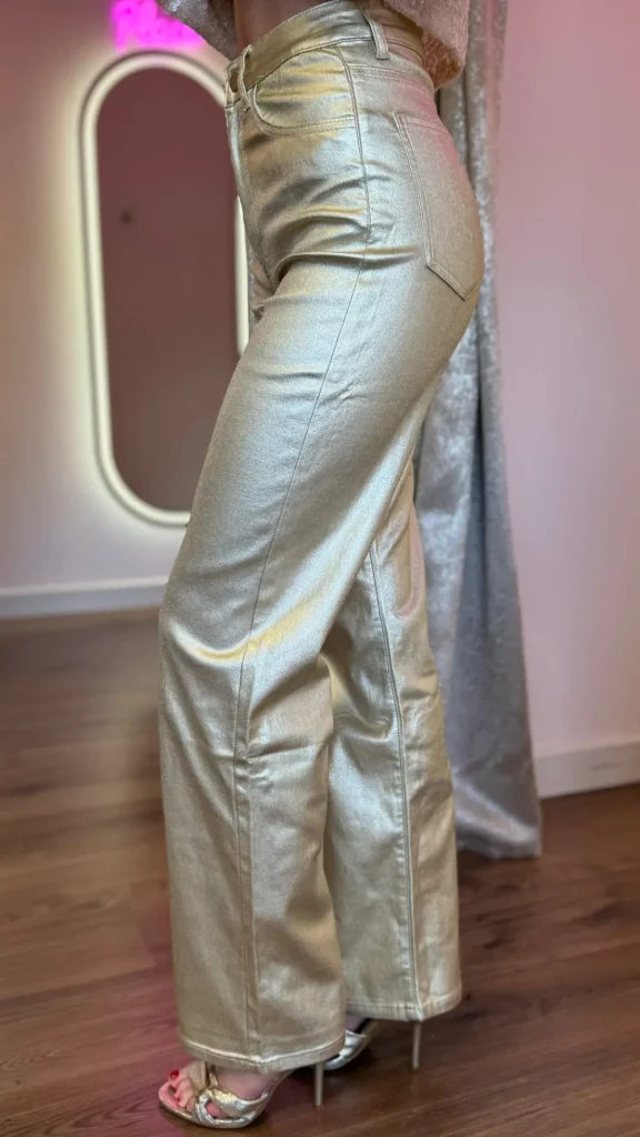 REDIAL Trousers^Huxley Gold Coated Straight Leg Trousers