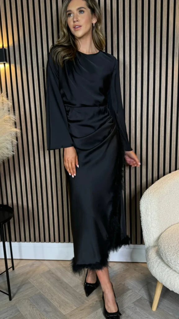 JCD KOOLOOK Going Out Dresses | Occasion Dresses^Idalia Black Feather Hem Ruched Midi Dress