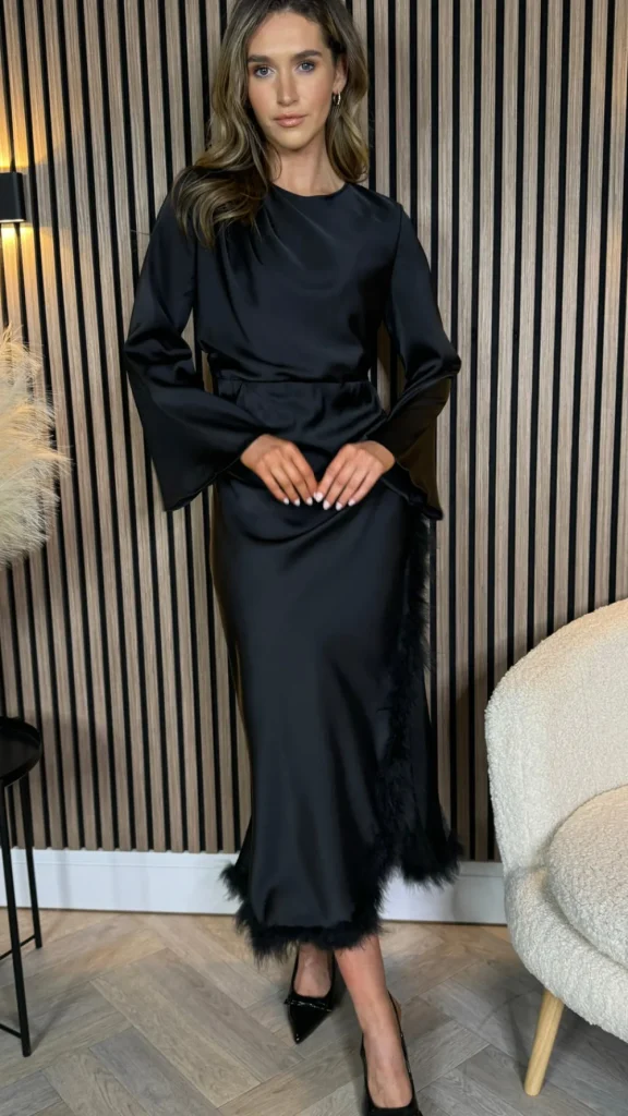 JCD KOOLOOK Going Out Dresses | Occasion Dresses^Idalia Black Feather Hem Ruched Midi Dress