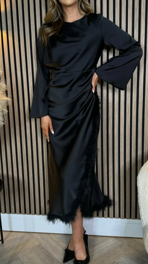 JCD KOOLOOK Going Out Dresses | Occasion Dresses^Idalia Black Feather Hem Ruched Midi Dress