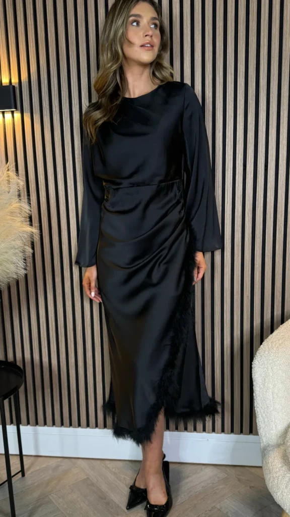 JCD KOOLOOK Going Out Dresses | Occasion Dresses^Idalia Black Feather Hem Ruched Midi Dress