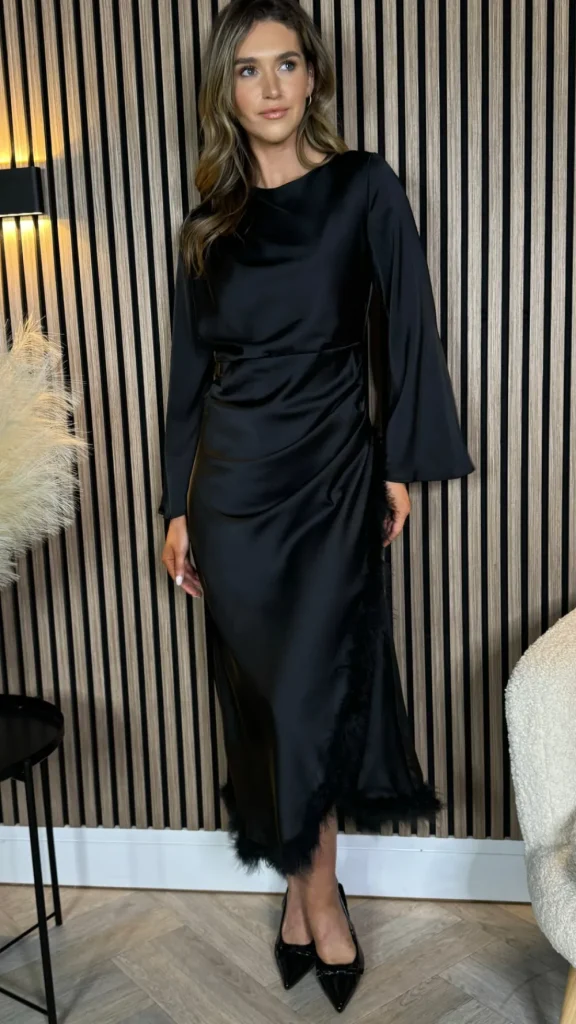 JCD KOOLOOK Going Out Dresses | Occasion Dresses^Idalia Black Feather Hem Ruched Midi Dress