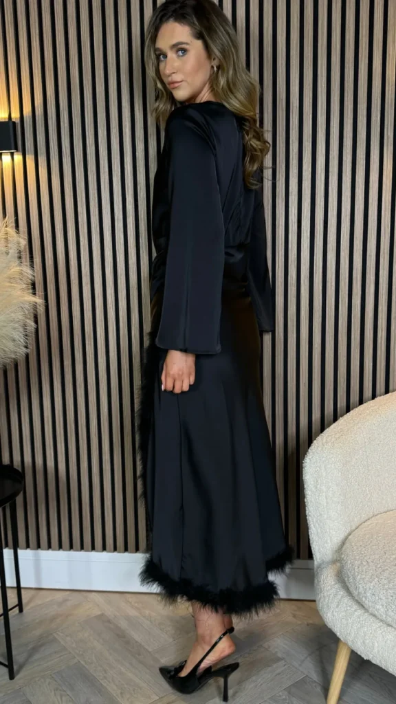 JCD KOOLOOK Going Out Dresses | Occasion Dresses^Idalia Black Feather Hem Ruched Midi Dress