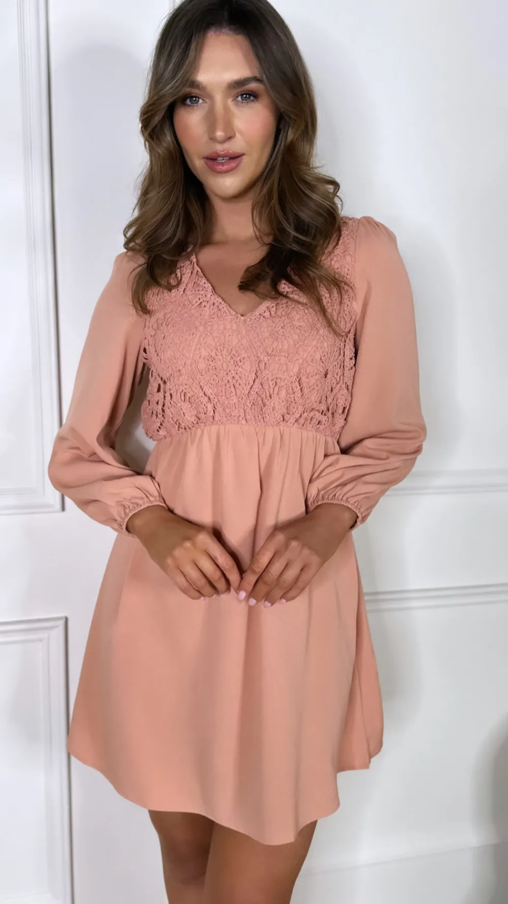 indie_peach_crochet_detai_1.webp COPPEROSE Day Dresses | Going Out Dresses^Indie Peach Crochet Detail Mini Dress