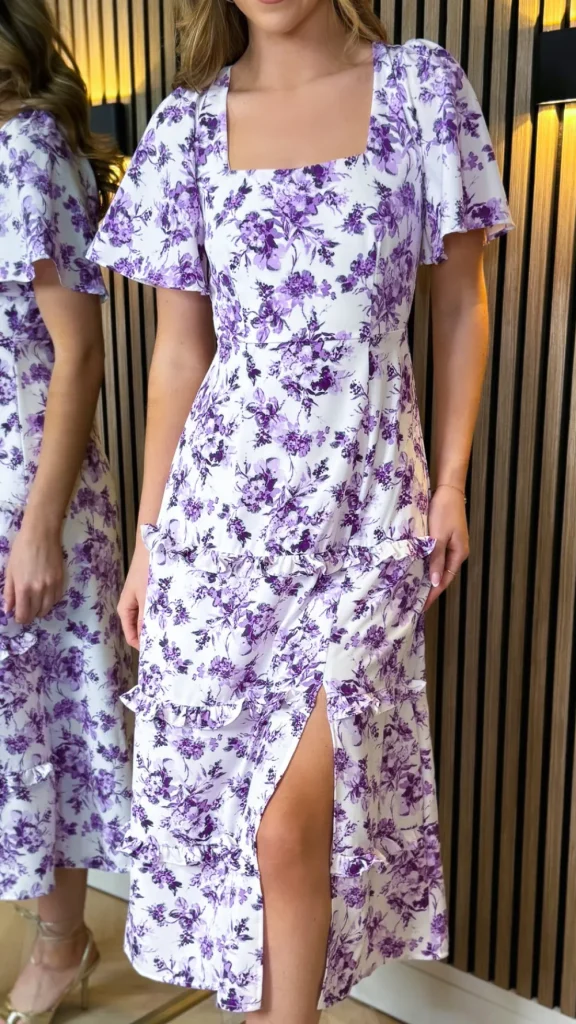 GIRL IN MIND Going Out Dresses | Occasion Dresses^Indigo Purple Printed Frill Midi Dress