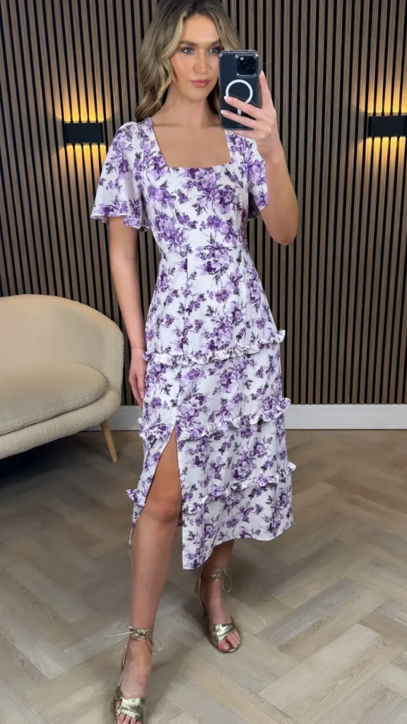 GIRL IN MIND Going Out Dresses | Occasion Dresses^Indigo Purple Printed Frill Midi Dress