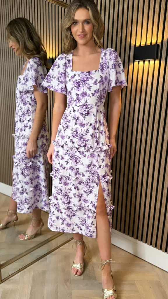 GIRL IN MIND Going Out Dresses | Occasion Dresses^Indigo Purple Printed Frill Midi Dress