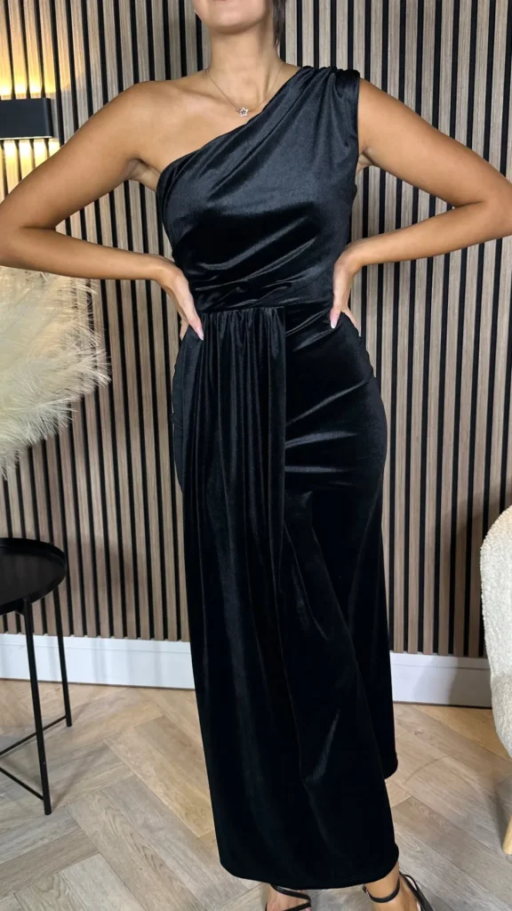 LORIANE Fitted Dresses | Going Out Dresses^Isabella Black One Shoulder Velvet Finish Midi Dress