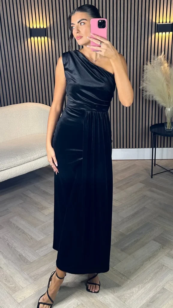 LORIANE Fitted Dresses | Going Out Dresses^Isabella Black One Shoulder Velvet Finish Midi Dress