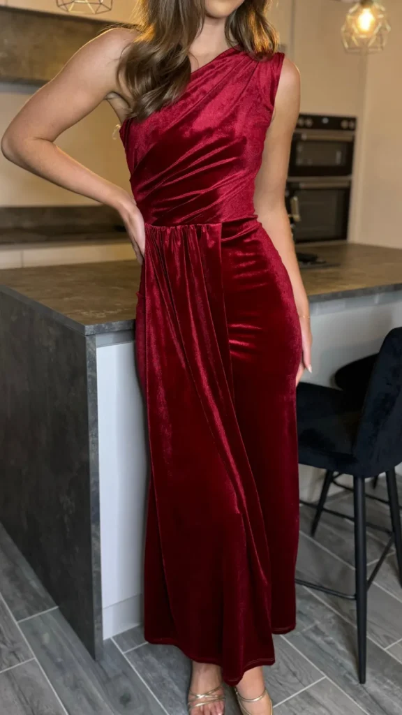 LORIANE Going Out Dresses | Occasion Dresses^Isabella Dark Red One Shoulder Velvet Finish Midi Dress