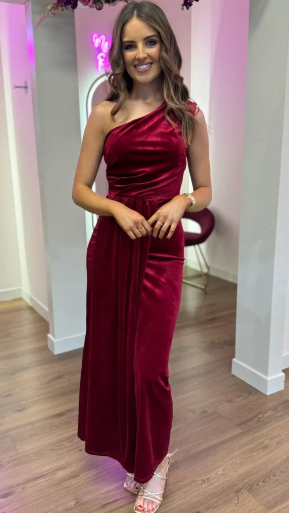 LORIANE Going Out Dresses | Occasion Dresses^Isabella Dark Red One Shoulder Velvet Finish Midi Dress