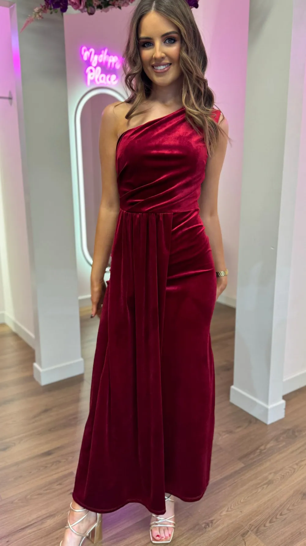 isabella_dark_red_one_sho_11.webp LORIANE Going Out Dresses | Occasion Dresses^Isabella Dark Red One Shoulder Velvet Finish Midi Dress