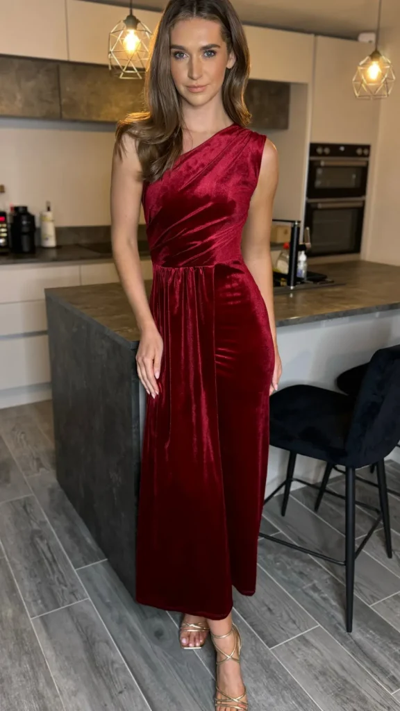 LORIANE Going Out Dresses | Occasion Dresses^Isabella Dark Red One Shoulder Velvet Finish Midi Dress