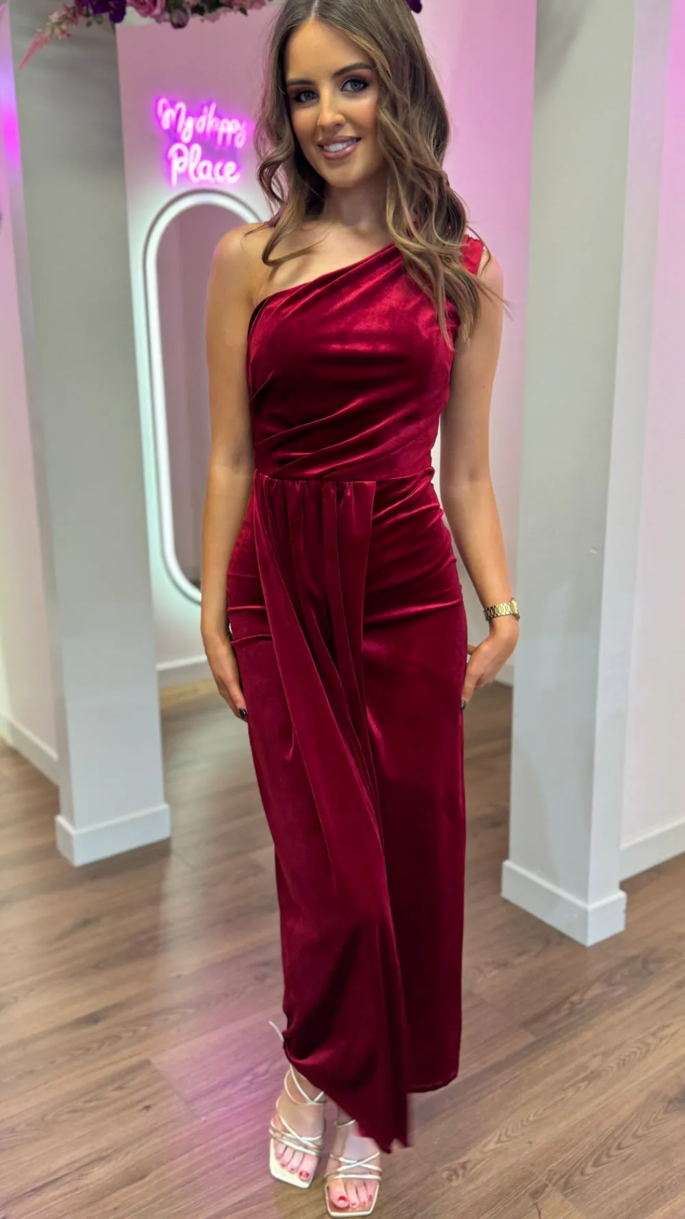 isabella_dark_red_one_sho_6.webp LORIANE Going Out Dresses | Occasion Dresses^Isabella Dark Red One Shoulder Velvet Finish Midi Dress