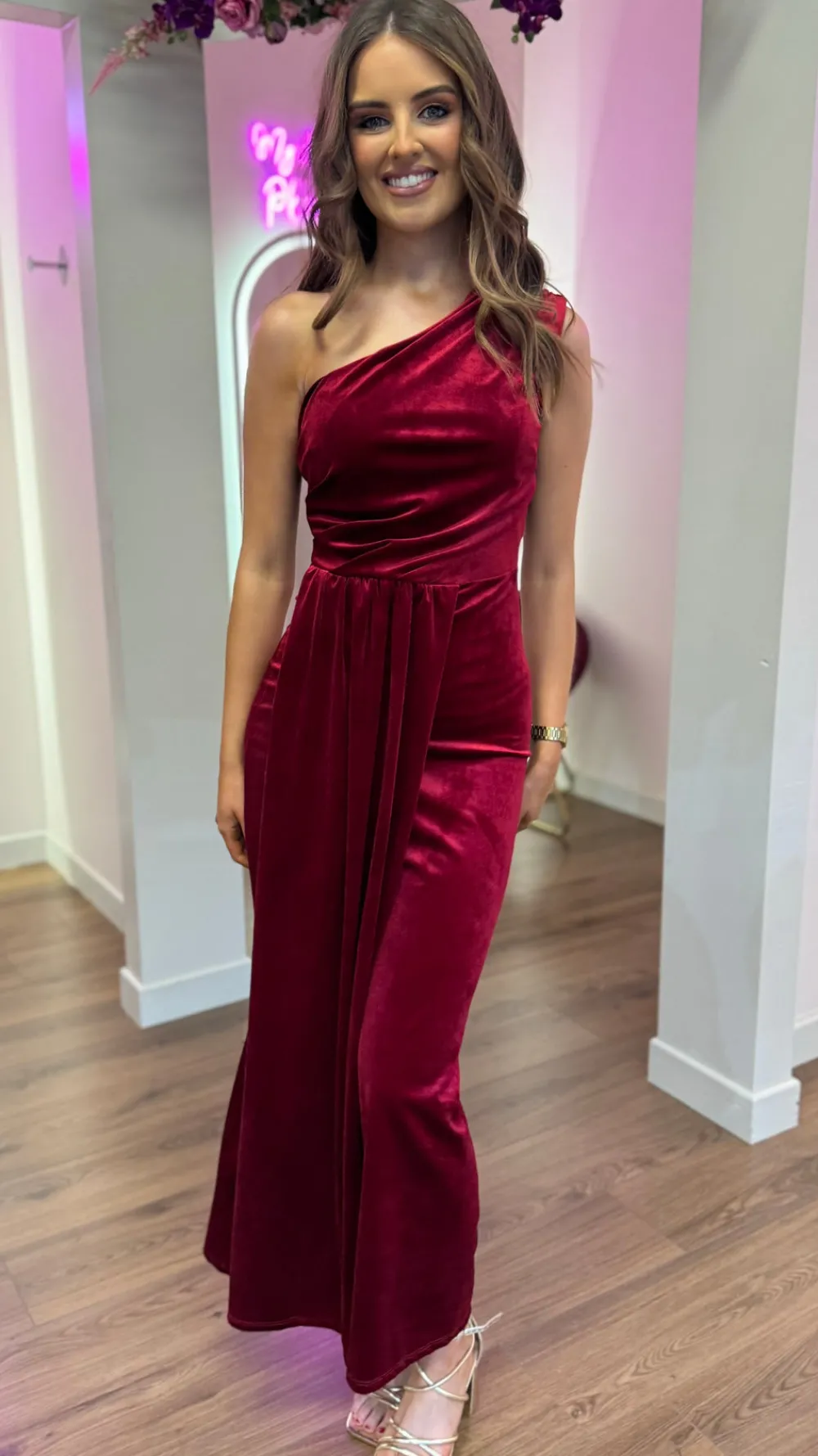 isabella_dark_red_one_sho_7.webp LORIANE Going Out Dresses | Occasion Dresses^Isabella Dark Red One Shoulder Velvet Finish Midi Dress