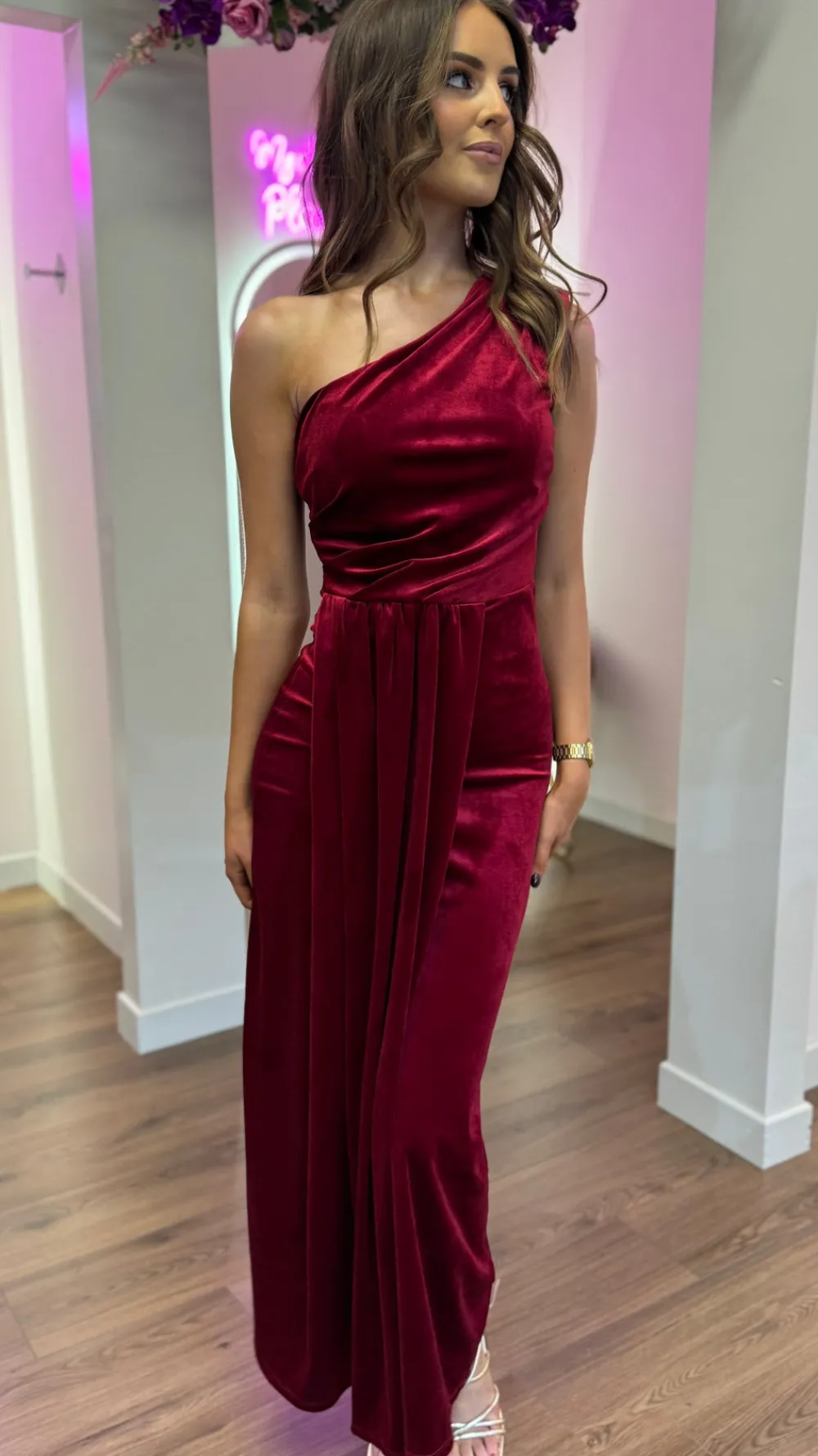 isabella_dark_red_one_sho_8.webp LORIANE Going Out Dresses | Occasion Dresses^Isabella Dark Red One Shoulder Velvet Finish Midi Dress